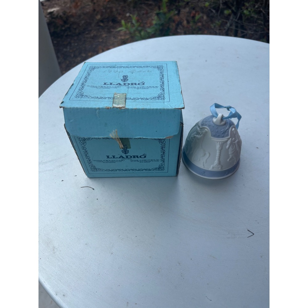 Lladro 1990 Christmas Bell Ornament Blue White Matte Porcelain Original Box